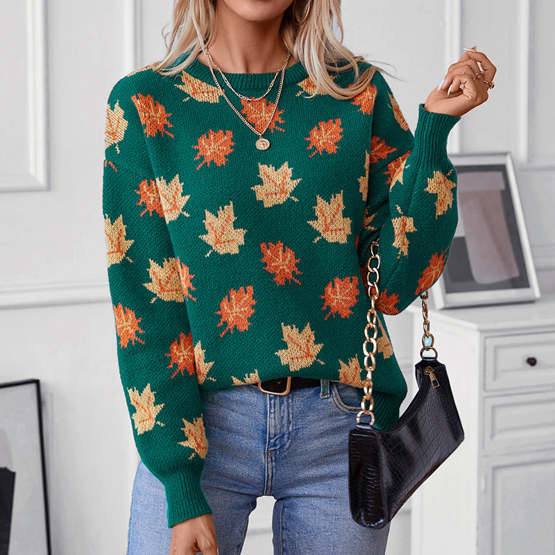 Pull tricoté à motif de feuille d'érable d'automne