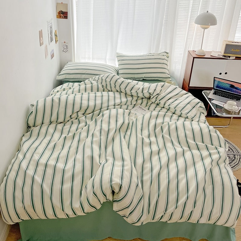 Minimalist Green Striped Sage Bedding Set bed sheet bedsheets duvet cover