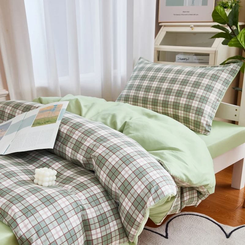 Set biancheria da letto per dormitorio scozzese verde salvia