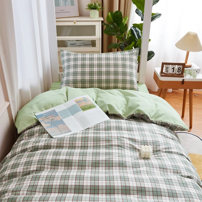 Conjunto de cama de dormitório xadrez verde sálvia