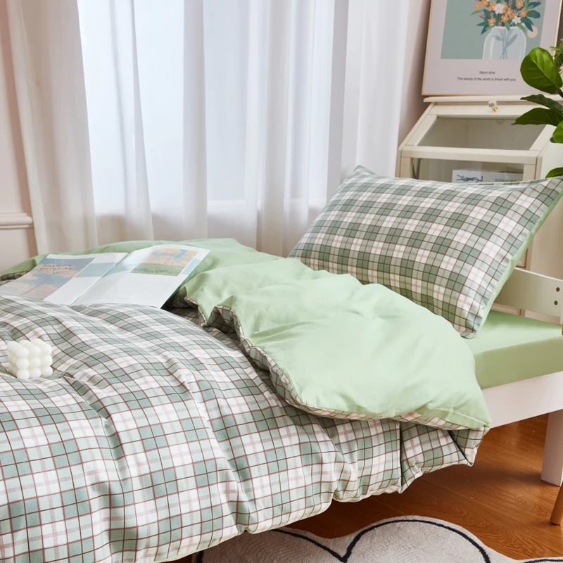 Conjunto de cama de dormitório xadrez verde sálvia