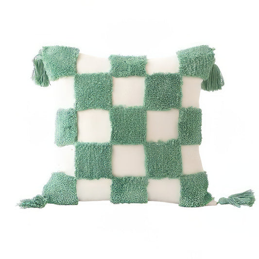 Housse de coussin touffetée à carreaux vert sauge