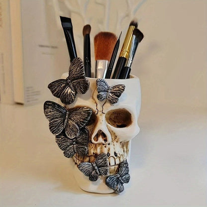 Skull with Butterflies Gothic Makeup Brush Holder
