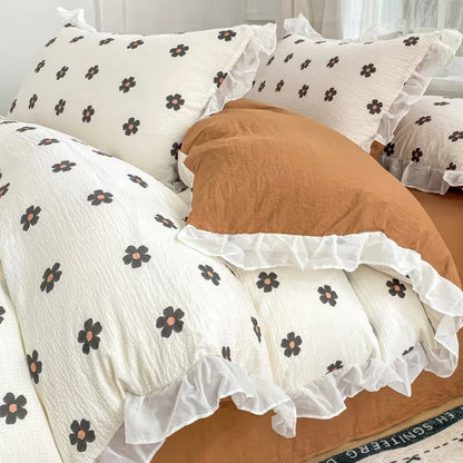 Spring Flowers Print Lace Bedding Set