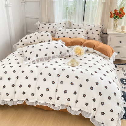 Spring Flowers Print Lace Bedding Set