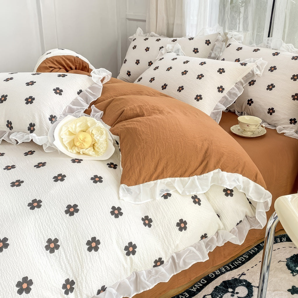 Spring Flowers Print Lace Bedding Set