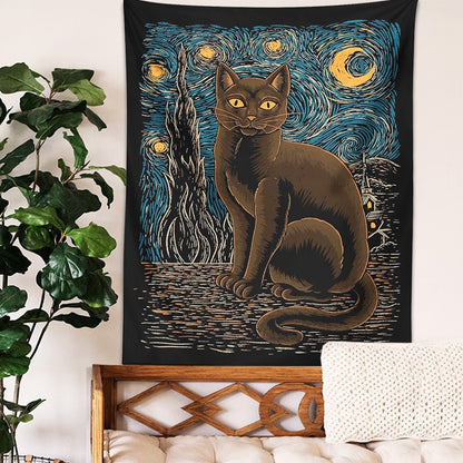 Starry Night Cat Tapestry fairycore moon phases mystery sun moon