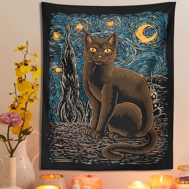 Starry Night Cat Tapestry fairycore moon phases mystery sun moon