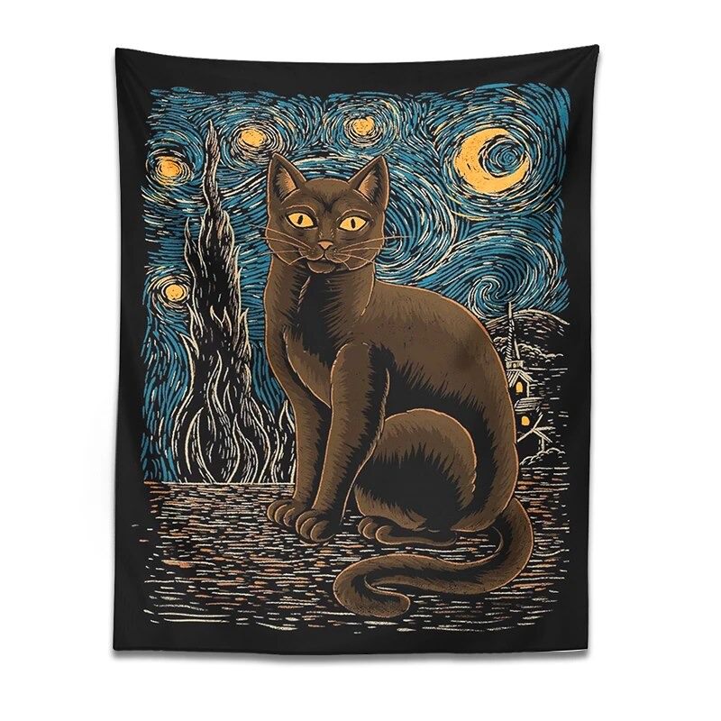 Starry Night Cat Tapestry fairycore moon phases mystery sun moon