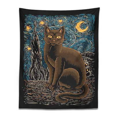 Starry Night Cat Tapestry fairycore moon phases mystery sun moon