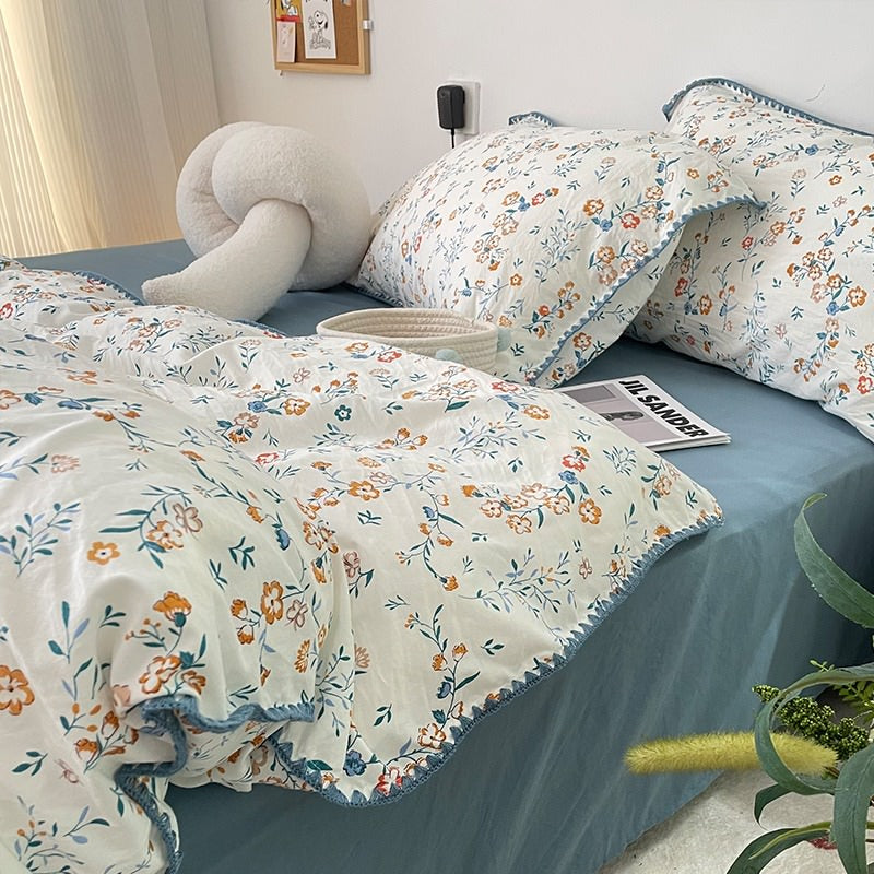 Stitched Edge Blue Wildflowers Bedding Set bed sheet bedsheets coquette cottagecore floral