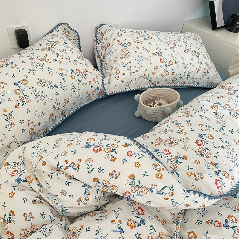 Stitched Edge Blue Wildflowers Bedding Set bed sheet bedsheets coquette cottagecore floral