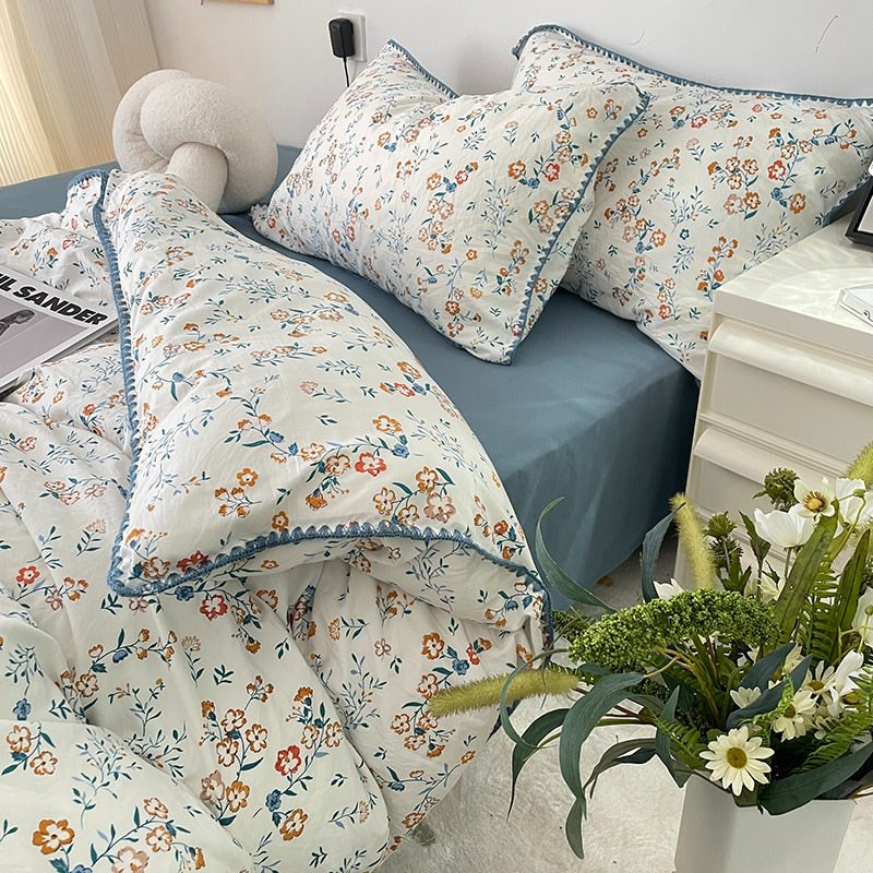 Stitched Edge Blue Wildflowers Bedding Set bed sheet bedsheets coquette cottagecore floral