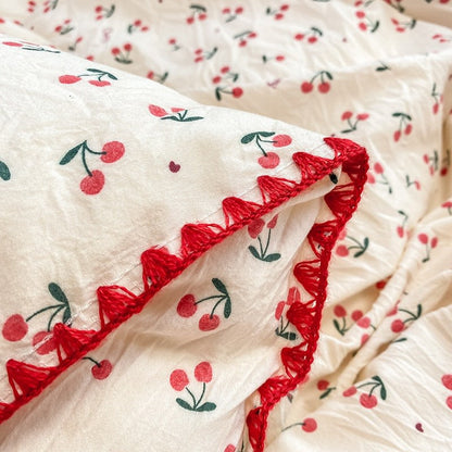 Stitched Edge Red Cherries Bedding Set bed sheet bedsheets coquette cottagecore red