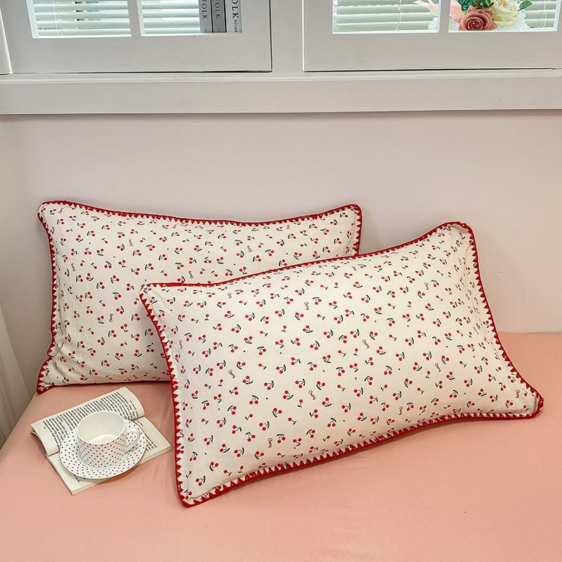 Stitched Edge Red Cherries Bedding Set bed sheet bedsheets coquette cottagecore red