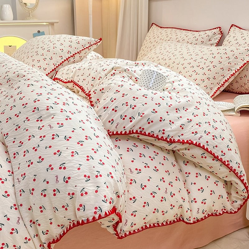 Stitched Edge Red Cherries Bedding Set bed sheet bedsheets coquette cottagecore red