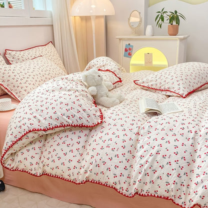 Stitched Edge Red Cherries Bedding Set bed sheet bedsheets coquette cottagecore red