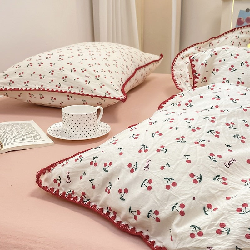 Stitched Edge Red Cherries Bedding Set bed sheet bedsheets coquette cottagecore red