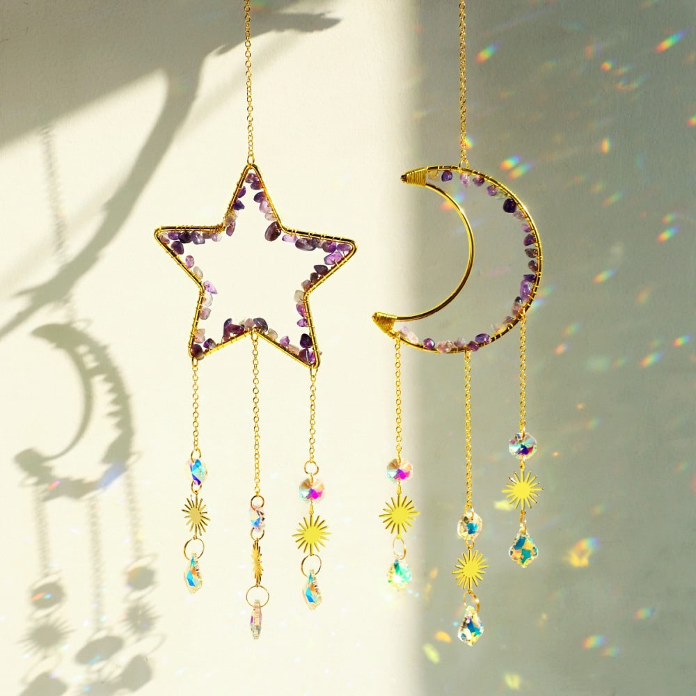 Moon & Star Amethyst Suncatcher Set AESTHETIC_Fairycore AESTHETIC_Witchcore light catcher lightcatcher SUB CATEGORY_Suncatchers sun catcher