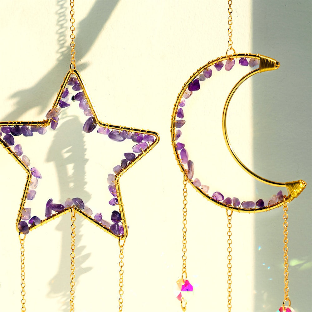 Moon & Star Amethyst Suncatcher Set AESTHETIC_Fairycore AESTHETIC_Witchcore light catcher lightcatcher SUB CATEGORY_Suncatchers sun catcher