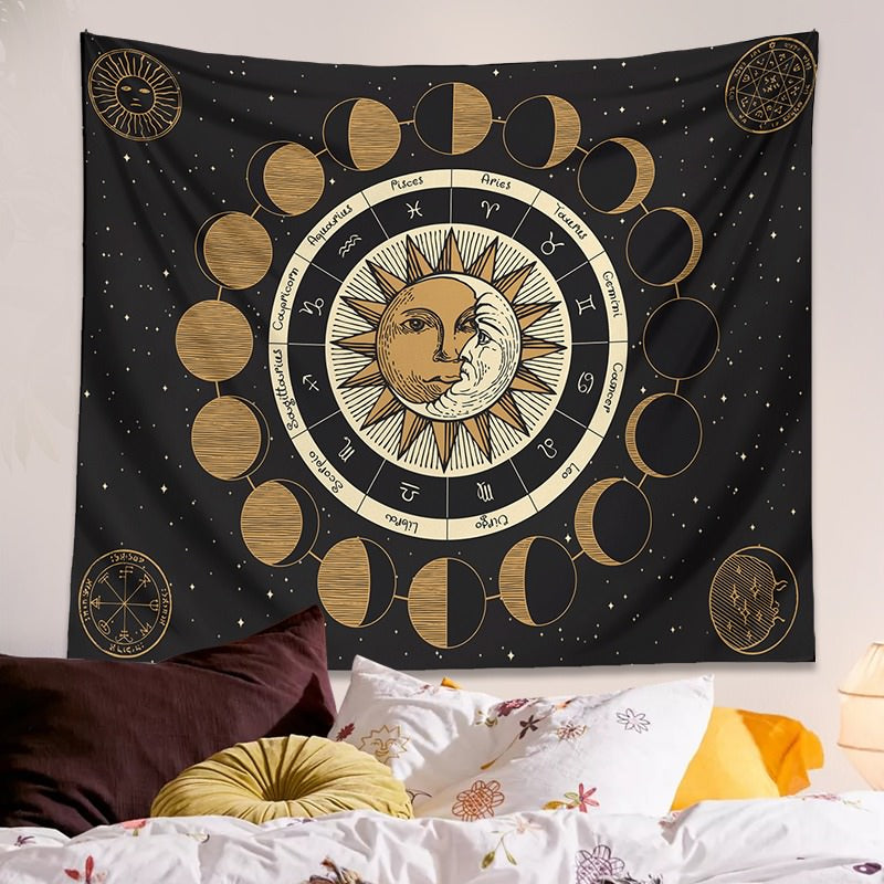 Moon Phases Zodiac Tapestry fairy floral SUB CATEGORY_Tapestries sunflowers witchy