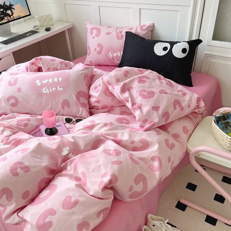 Sweet Girl Pink Leopard Print Bedding Set bed sheet bedsheets duvet cover