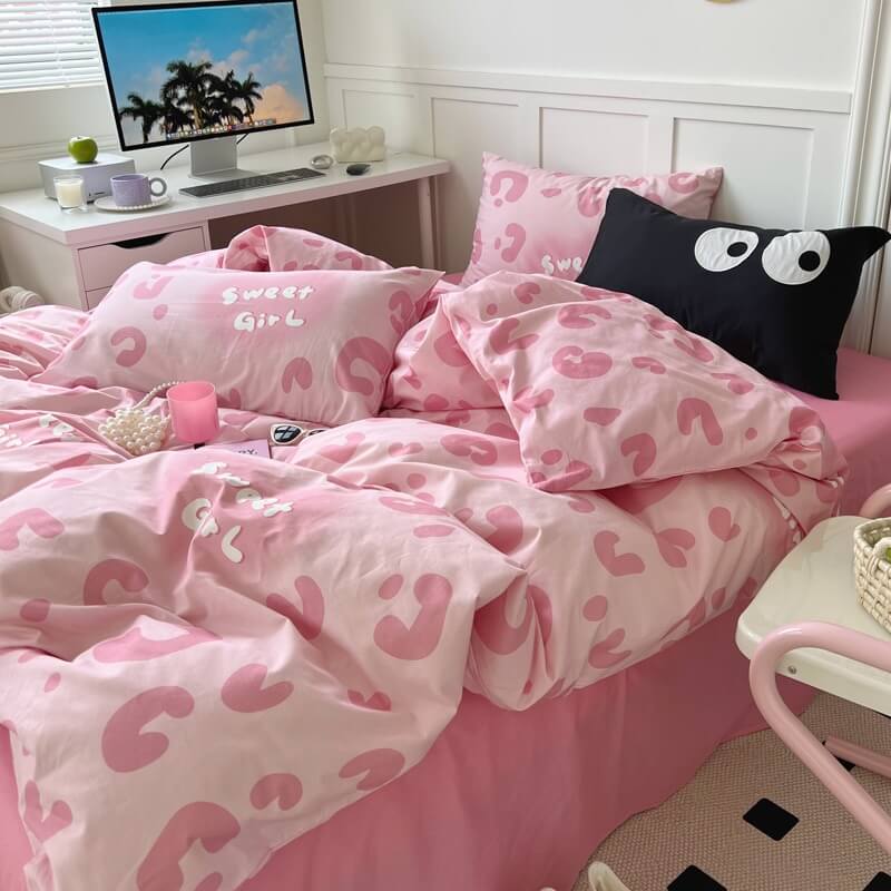 Sweet Girl Pink Leopard Print Bedding Set bed sheet bedsheets duvet cover