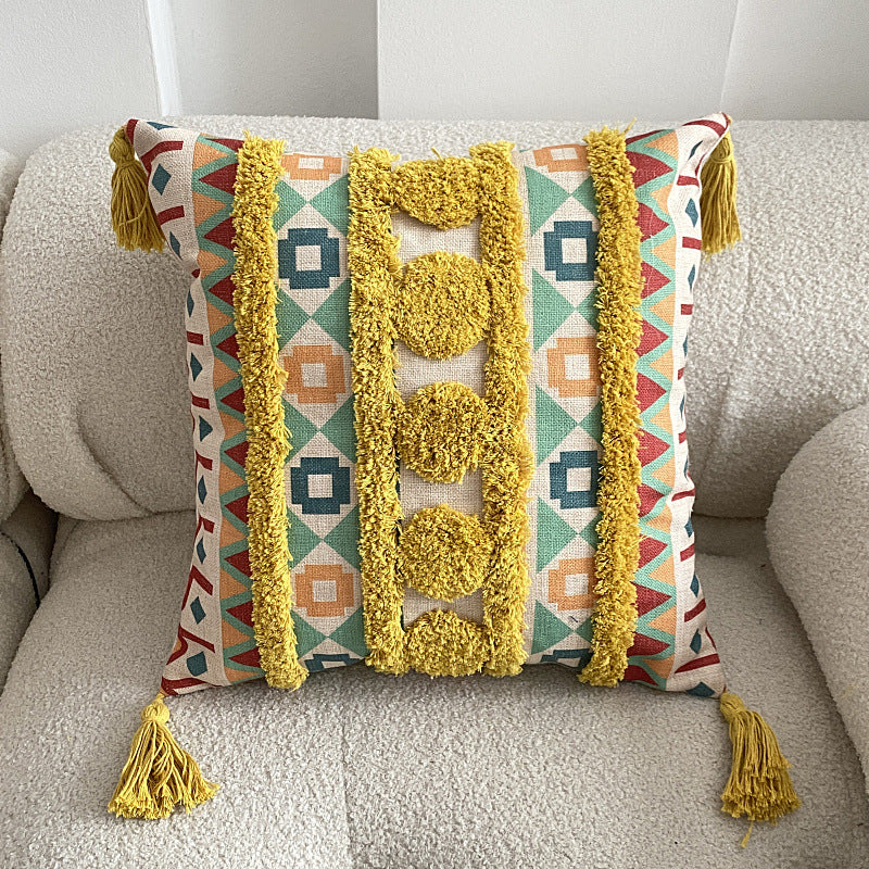 Housse de coussin à pompons touffeté Boho