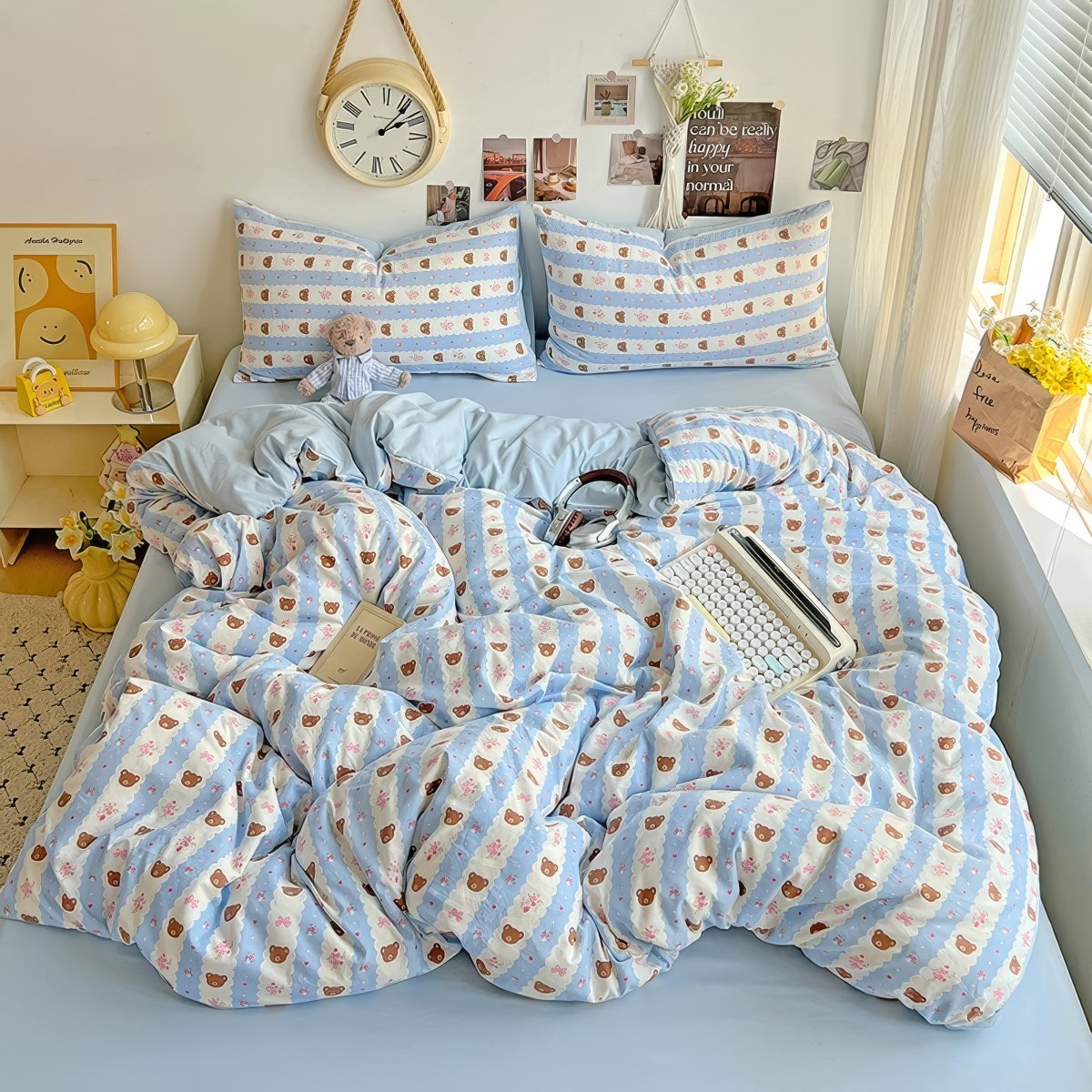 Teddy Sky Blue Striped Kwaii Bedding Set