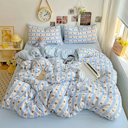 Teddy Sky Blue Striped Kwaii Bedding Set