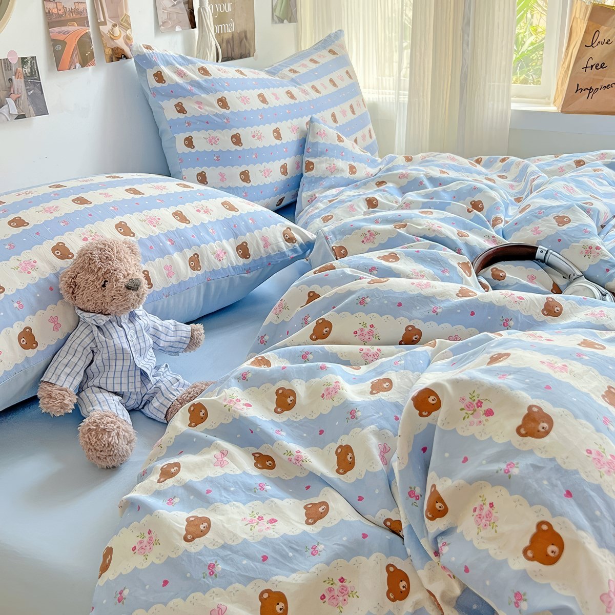 Teddy Sky Blue Striped Kwaii Bedding Set