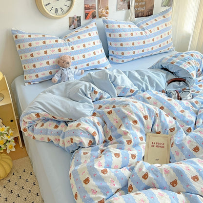 Teddy Sky Blue Striped Kwaii Bedding Set