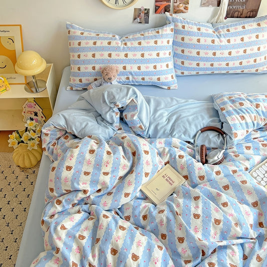Teddy Sky Blue Striped Kwaii Bedding Set