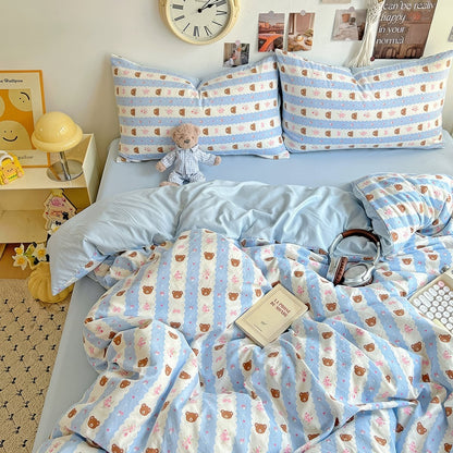 Teddy Sky Blue Striped Kwaii Bedding Set