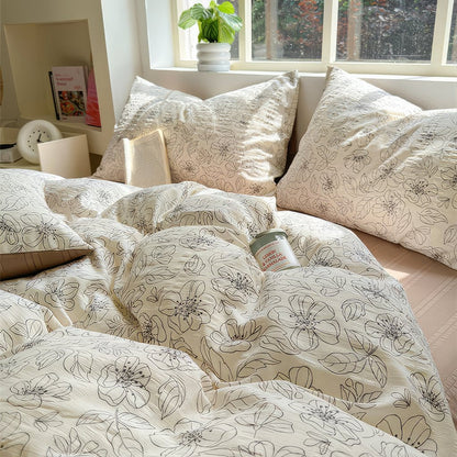 Thin Outline Floral Print Brown Shaded Bedding Set