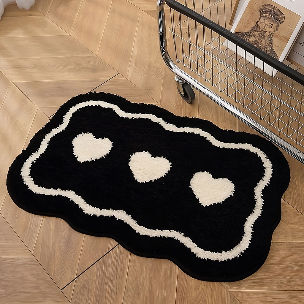 Three Hearts Black & White Tufted Rug