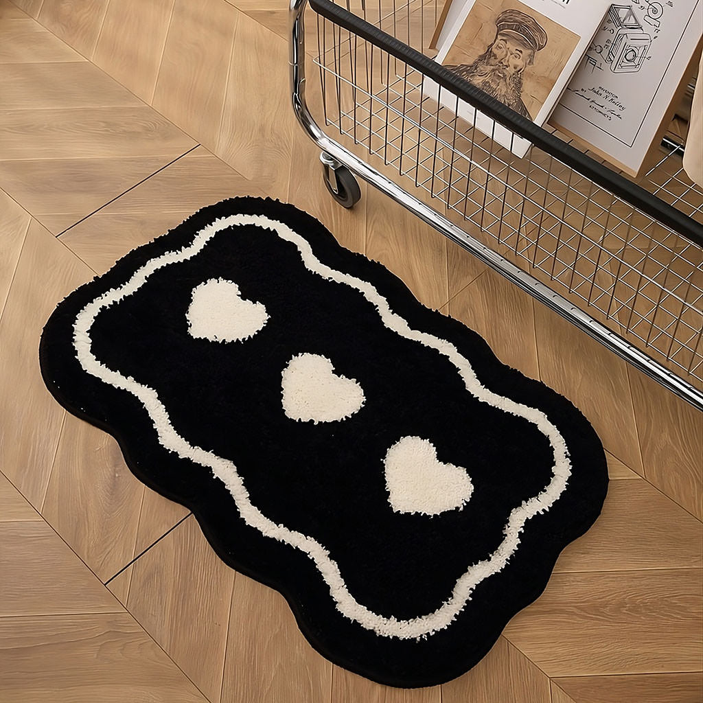 Three Hearts Black & White Tufted Rug