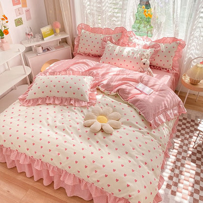 Little Pink Heart Ruffle Bedding Set bed sheet bedsheets coquette duvet cover