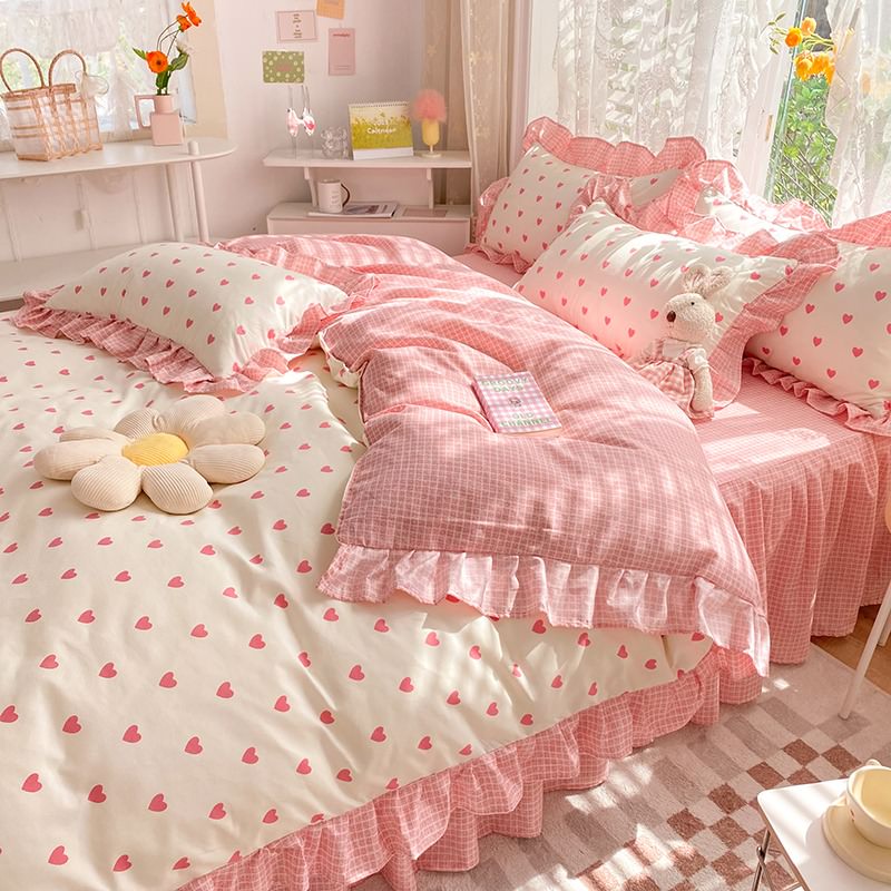 Little Pink Heart Ruffle Bedding Set bed sheet bedsheets coquette duvet cover