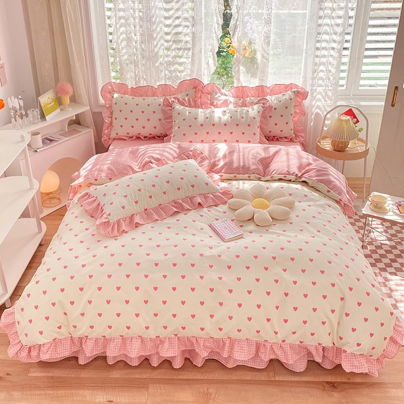 Little Pink Heart Ruffle Bedding Set bed sheet bedsheets coquette duvet cover