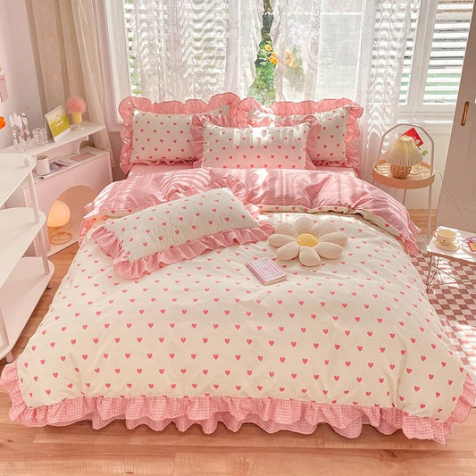 Little Pink Heart Ruffle Bedding Set bed sheet bedsheets coquette duvet cover