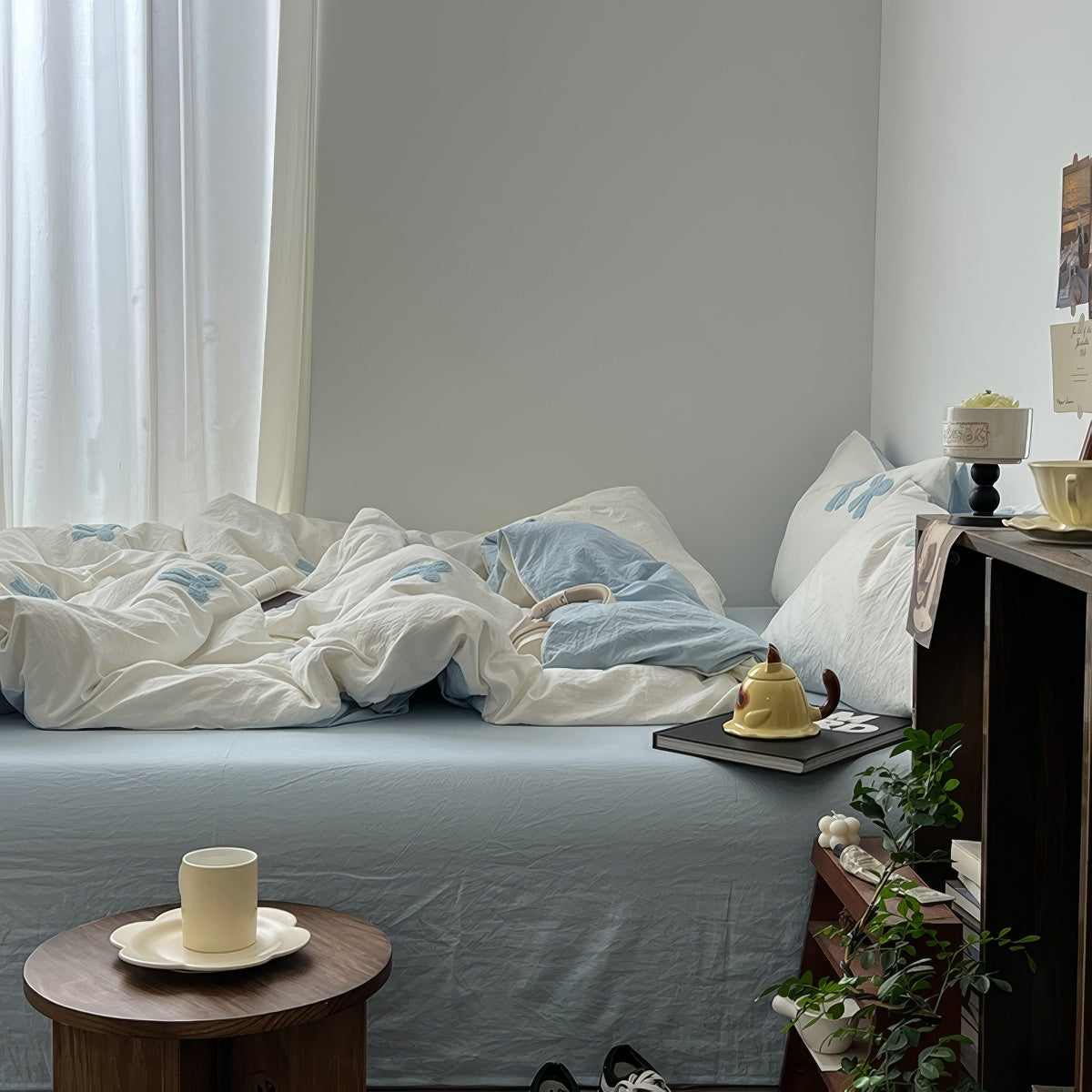 Parure de lit vintage à nœuds touffetés bleus