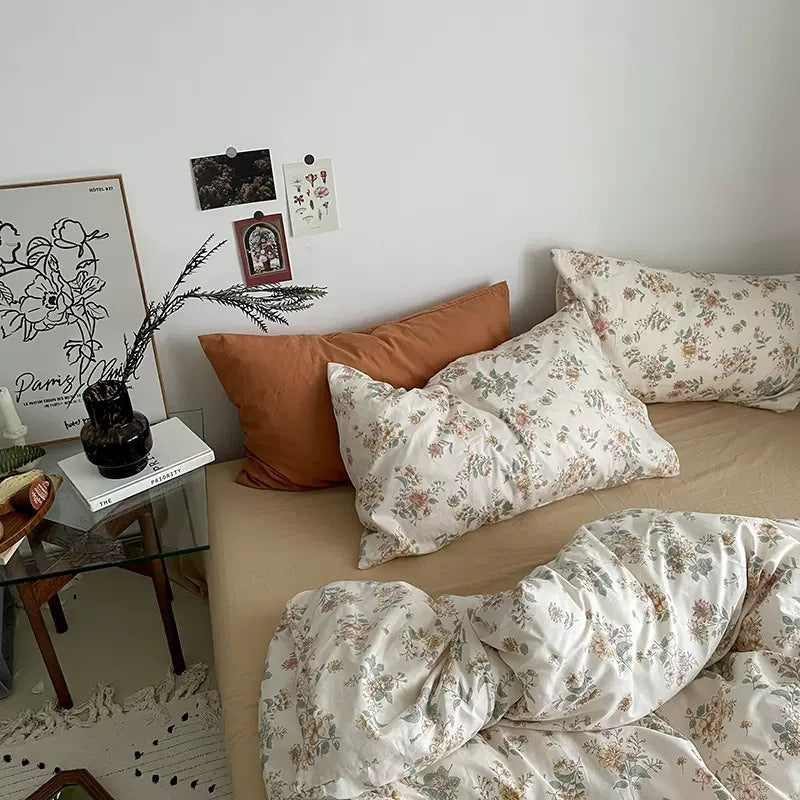 Vintage Pale Flowers Print Cotton Bedding Set bed sheet bedsheets coquette cottagecore duvet cover