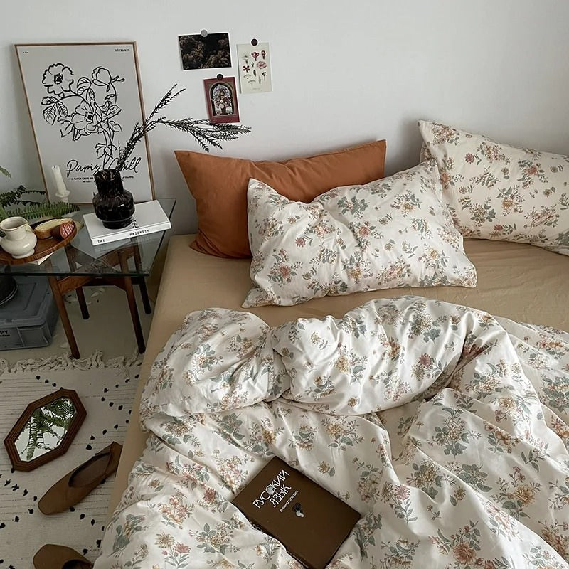 Vintage Pale Flowers Print Cotton Bedding Set bed sheet bedsheets coquette cottagecore duvet cover