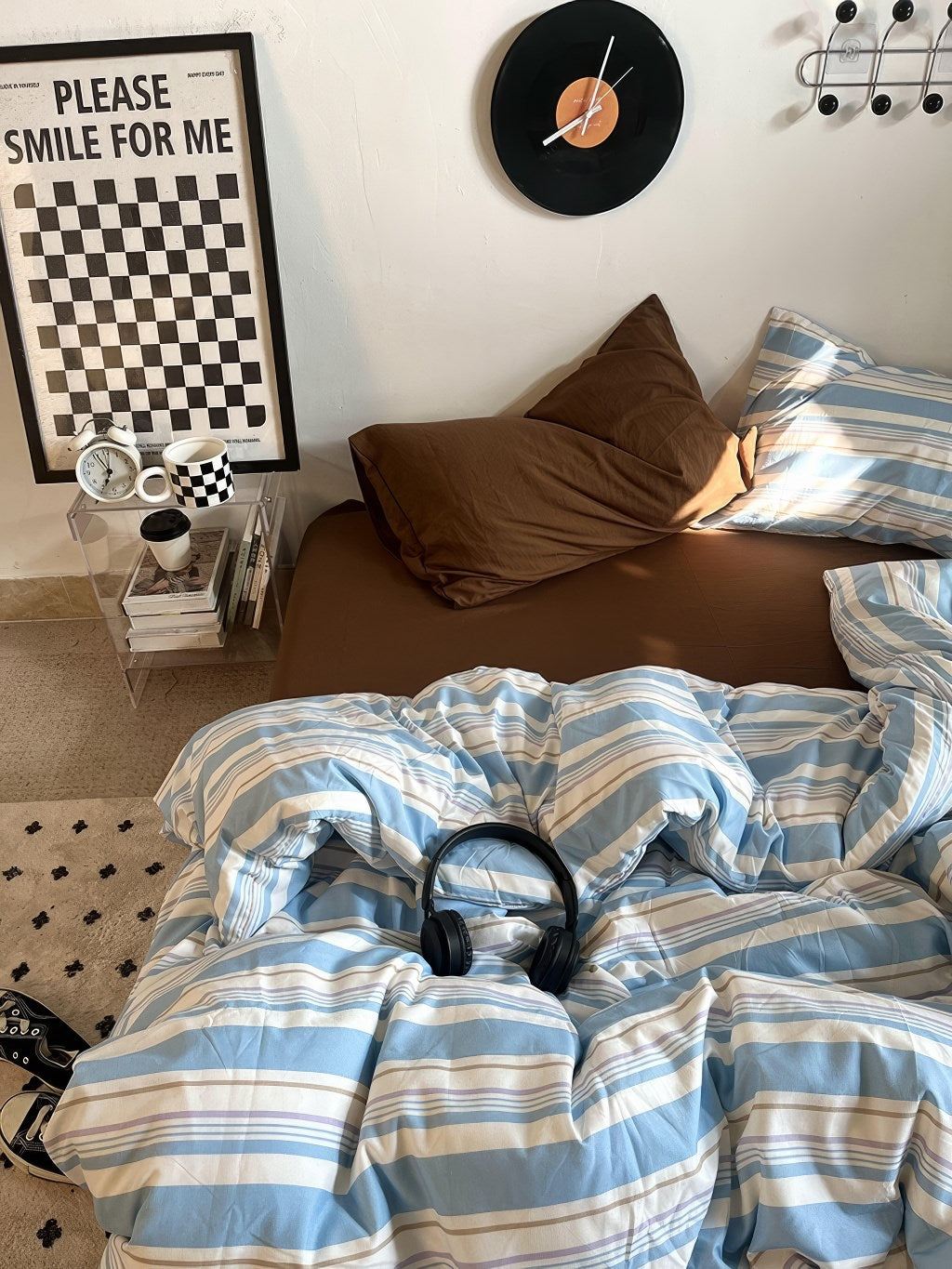 Vintage Pastellblaue Streifen Bettwäsche Set