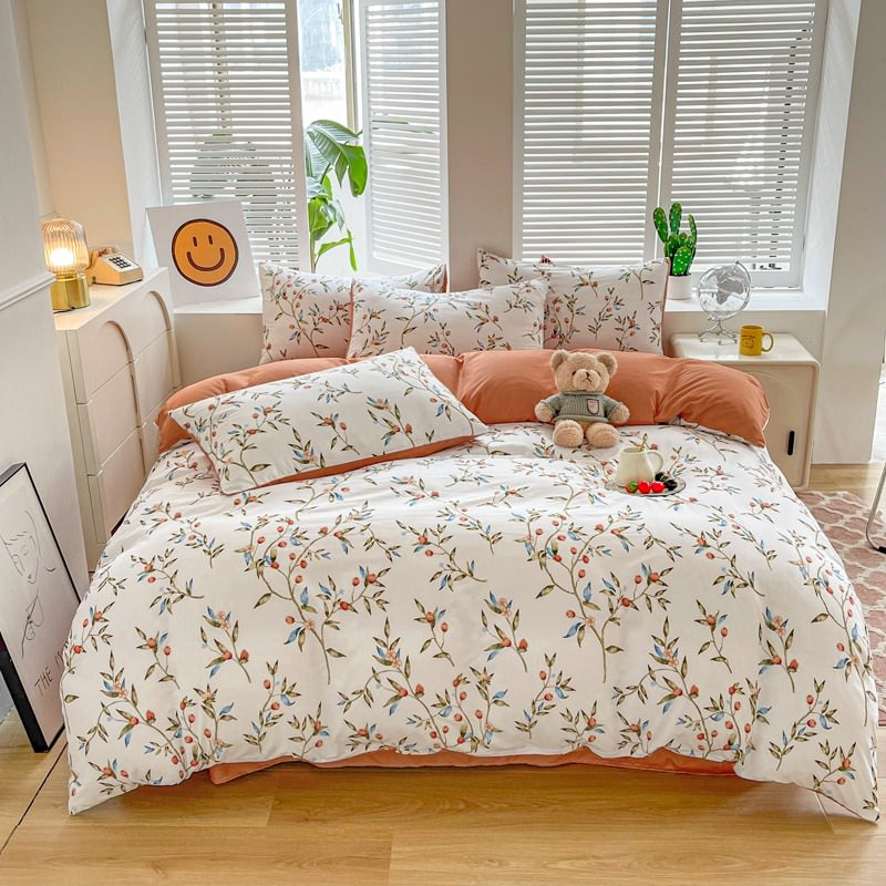 Vintage Red Berries Print Bedding Set bed sheet bedsheets cottagecore