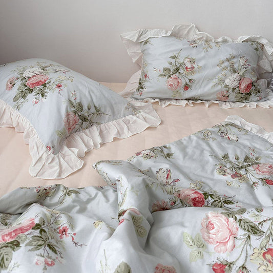 Vintage Sky Blue Cottage Roses Ruffle Bedding Set