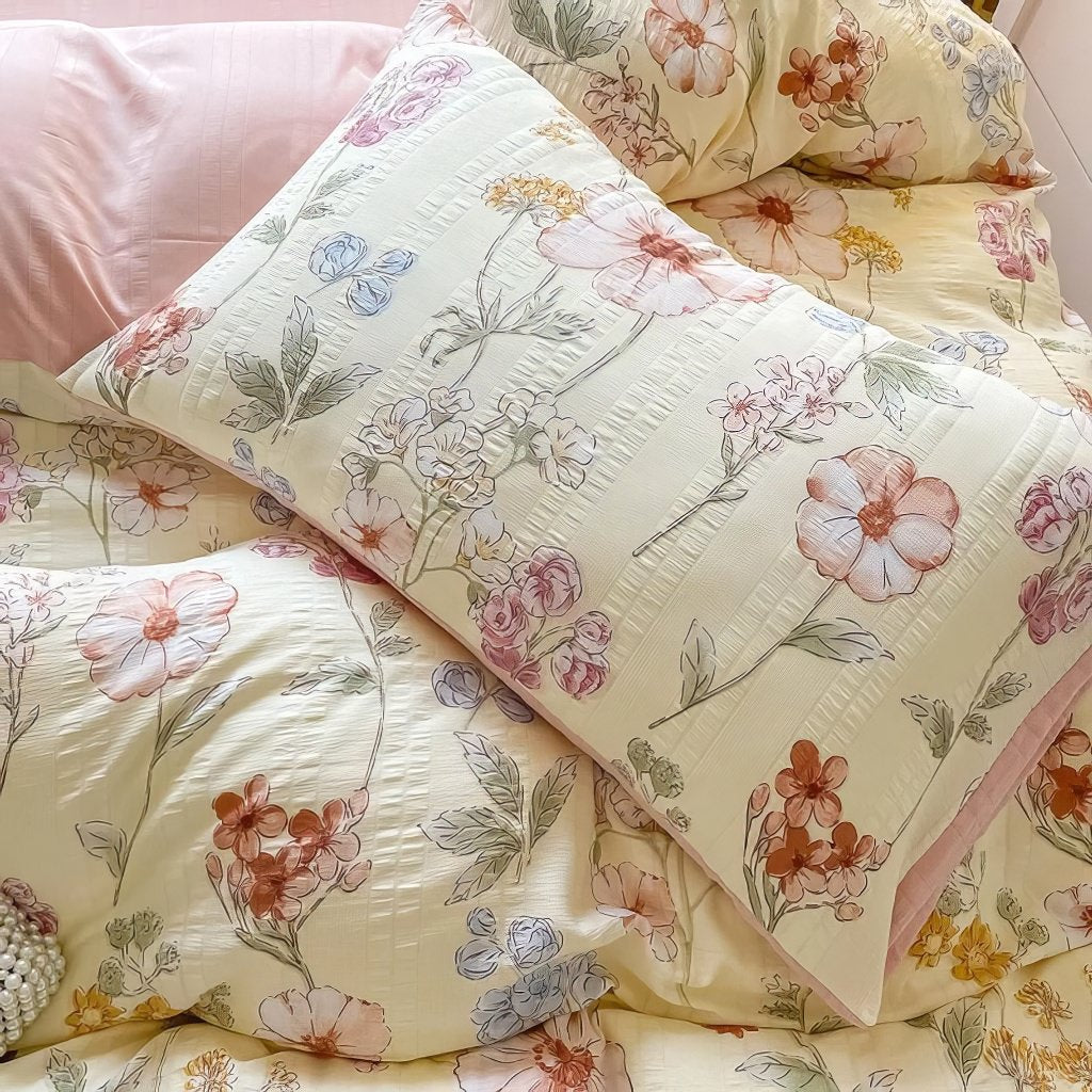 Conjunto de cama texturizado com estampa de flores em aquarela