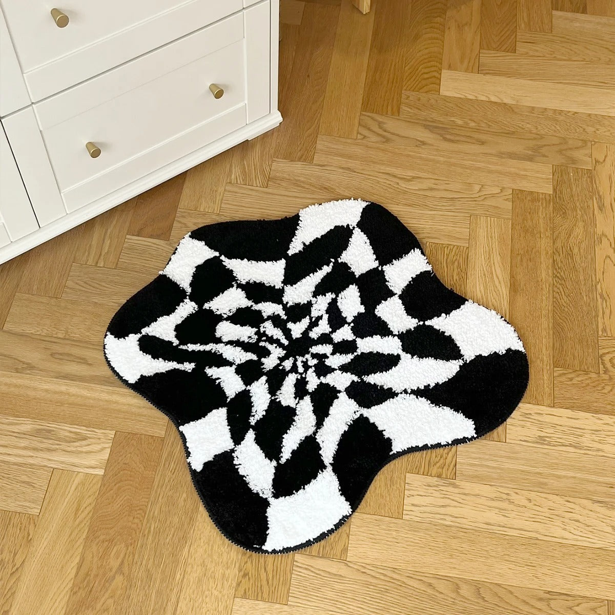 Wavy Checkered Black & White Optical Illusion Rug