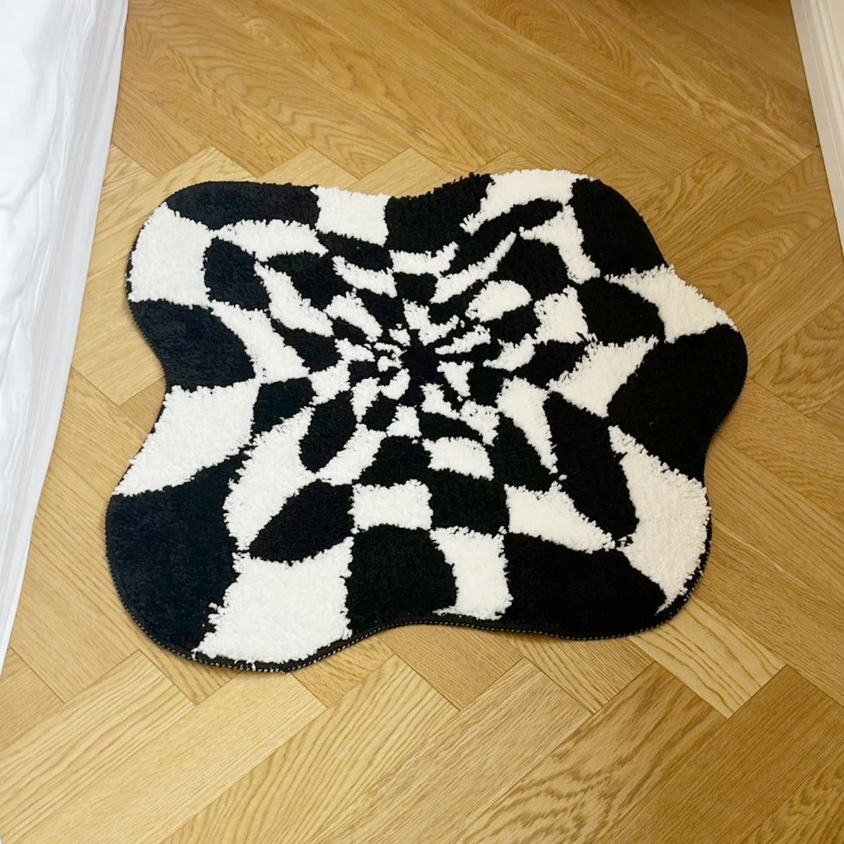 Wavy Checkered Black & White Optical Illusion Rug